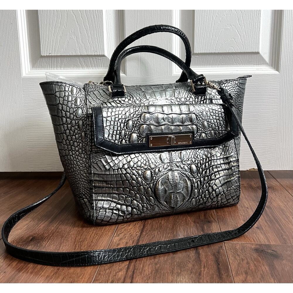 BRAHMIN Taylor Agate Partridge Silver Metallic Embossed Leather Satchel Tote Bag